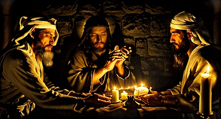 Prompt: A photo realistic image of Nicodemus meeting alone with Jesus at night beside an oil-lamp