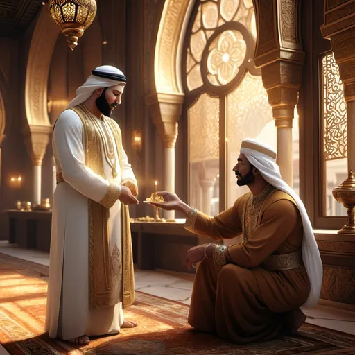 Prompt: Humble servant accepting benevolence from an ancient middle eastern 
ruler