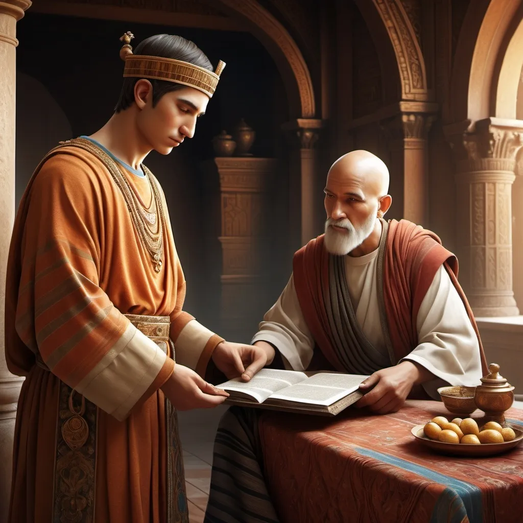 Prompt: A humble servant accepting the benevolence of a first century Jewish ruler from the ruler’s hand