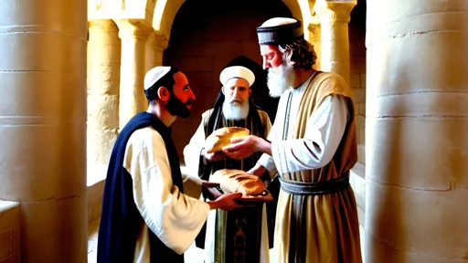 Prompt: A humble servant accepting the benevolent gift of bread from the hand of a first century Jewish ruler 