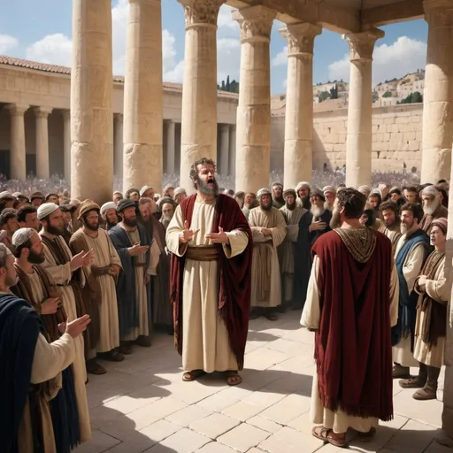 Prompt: The realistic photo of apostle Peter, dressed in first century Jewish clothing, preaching to a crowd of Jews in Solomon’s Colonnade in the Temple of Jerusalem in 33 AD.