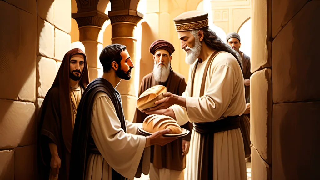 Prompt: A humble servant accepting the benevolent gift of bread from the hand of a first century Jewish ruler 