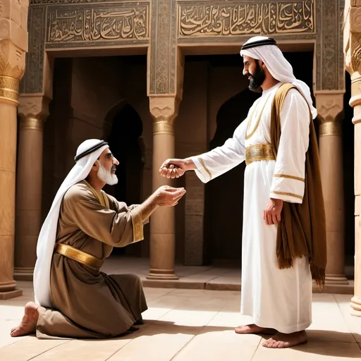 Prompt: Humble servant accepting benevolence from an ancient middle eastern 
ruler