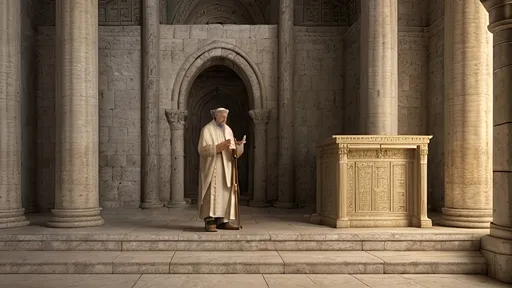 Prompt: A photo realistic image of elderly Zechariah, dressed in first century Jewish priestly garb, approaching the altar of incense in the Temple of Jerusalem and speaking with the angel of the Lord nearby