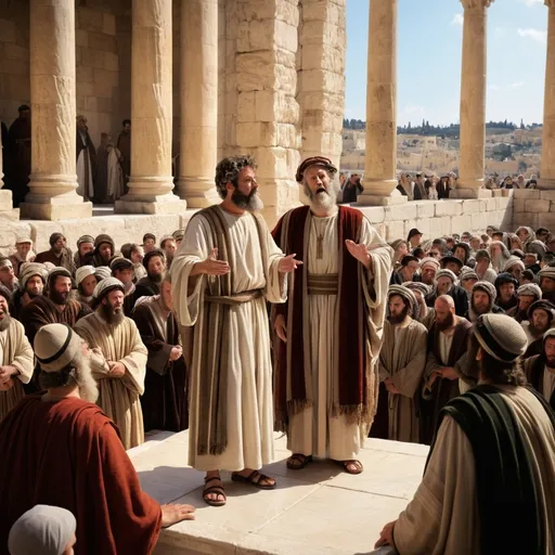 Prompt: The realistic photo of apostle Peter, dressed in first century Jewish clothing, preaching to a crowd of Jews in Solomon’s Colonnade in the Temple of Jerusalem in 33 AD.