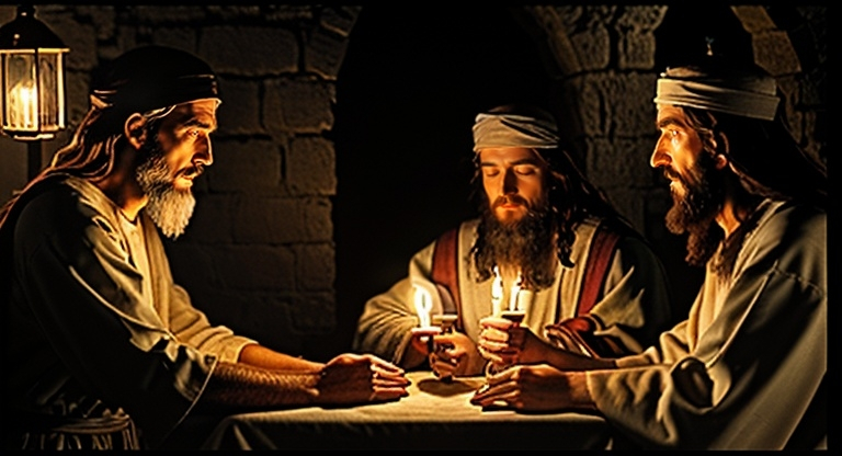 Prompt: A photo realistic image of Nicodemus meeting alone with Jesus at night beside an oil-lamp