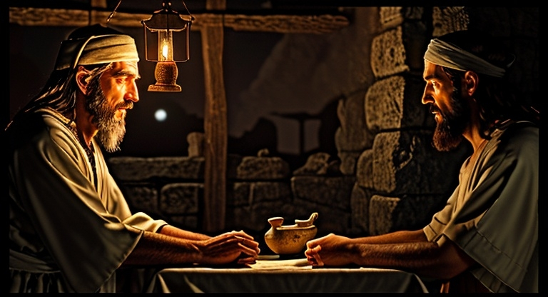 Prompt: A photo realistic image of Nicodemus meeting alone with Jesus at night beside an oil-lamp