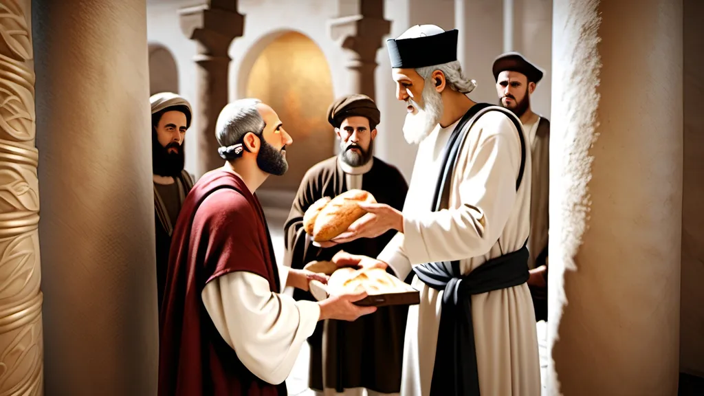 Prompt: A 3D photo realistic image humble servant accepting the benevolent gift of bread from the hand of a first century Jewish ruler 