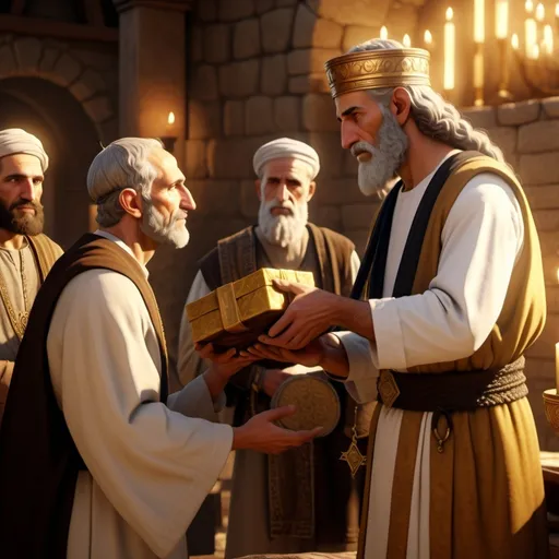 Prompt: A humble servant accepting the benevolent gift of bread from the hand of a first century Jewish ruler 