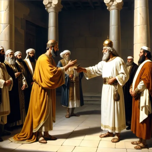 Prompt: A humble servant accepting the benevolence of a first century Jewish ruler from the ruler’s hand