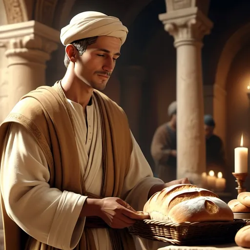 Prompt: A humble servant accepting the benevolent gift of bread from the hand of a first century Jewish ruler 