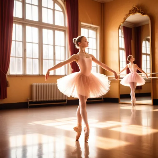 Prompt: Colour illustration of a teenage girl at ballet class in former east germany.