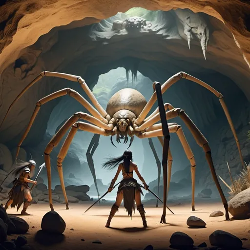 Prompt: giant spiders attacking a warrior woman in front of a cave