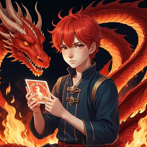 Prompt: tarot card Anime illustration, a red-haired boy, a red dragon, dramatic fire