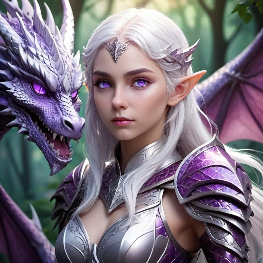 Prompt: white hair elf, 20 years old, woman, purple eye, purple dragon scale, anime