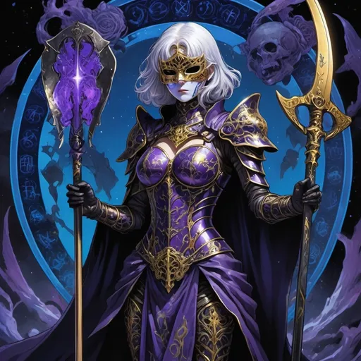 Prompt: tarot card, anime style, silver-haired woman with a mask on with blue signs of death, complete purple plate armor, a scythe in her right hand, golden black darkness around her.