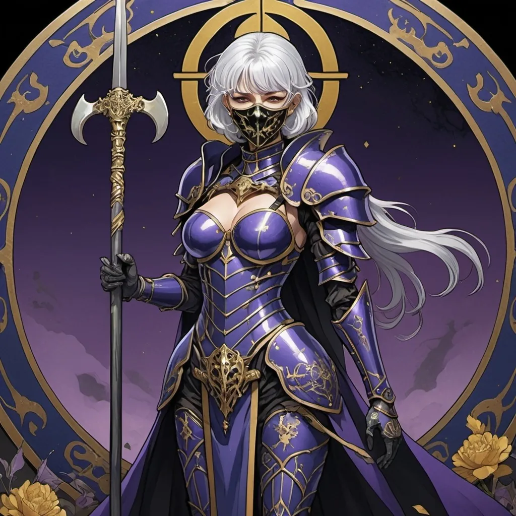 Prompt: tarot card, anime style, silver-haired woman with a mask on with blue signs of death, complete purple plate armor, a scythe in her right hand, golden black darkness around her.