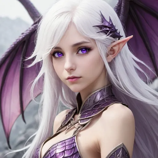 Prompt: white hair elf, 20 years old, woman, purple eye, purple dragon scale, anime