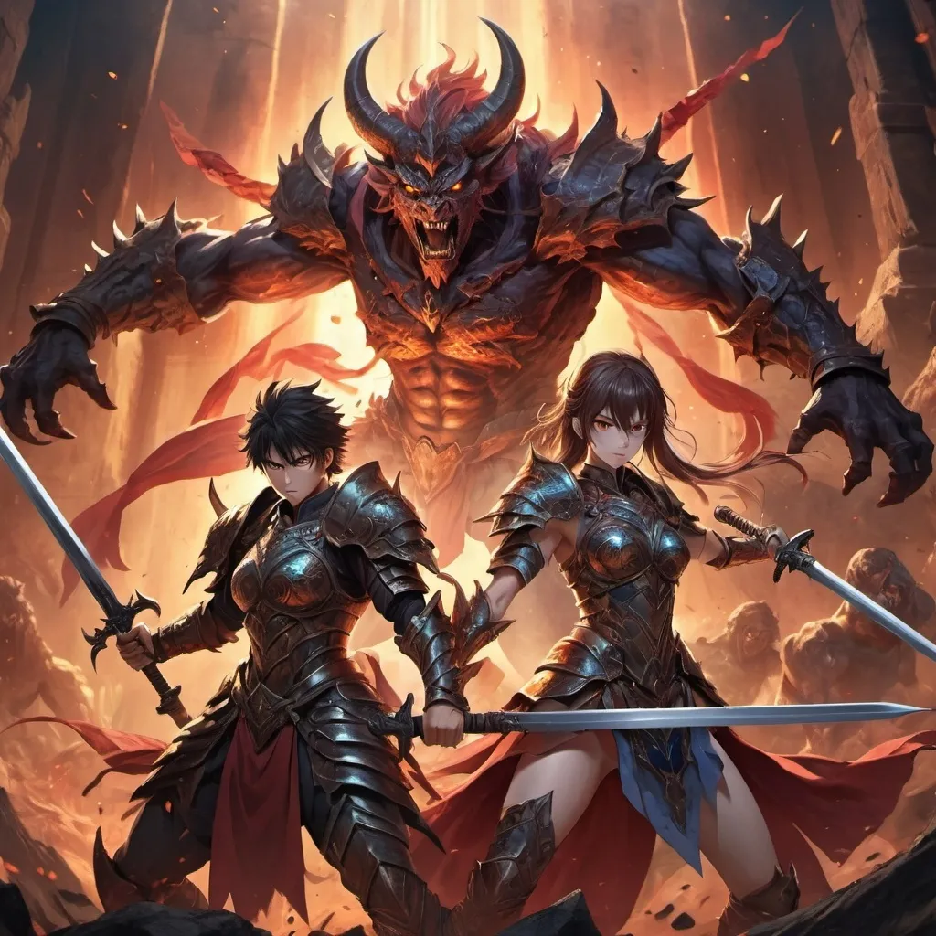 Prompt: Two hero’s, woman and man, with a sword and spear, armor on, fighting the demon lord, style anime