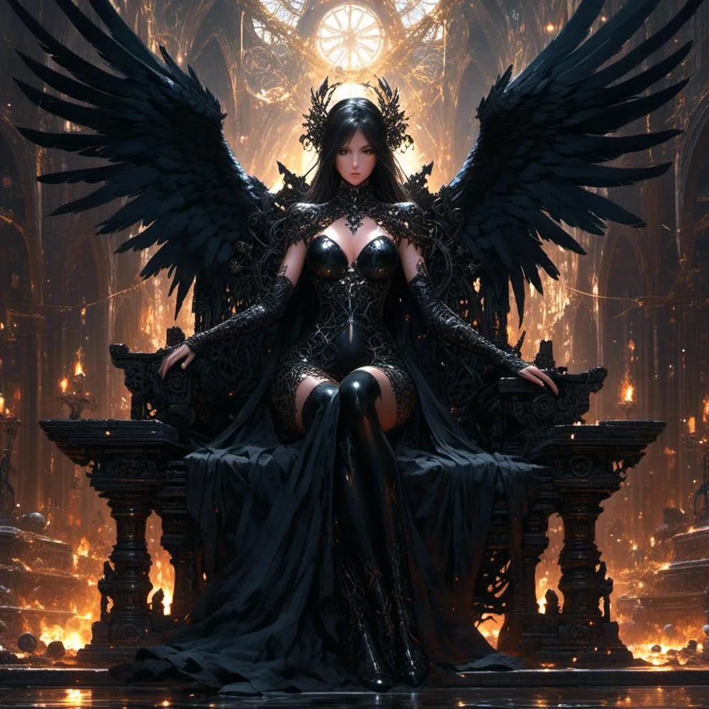 Prompt: <mymodel> angel on the throne, female, mysterious, black outfit