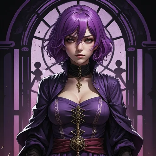 Prompt: tarot card Anime illustration, a purple-haired woman,  with assassin clothing, dramatic darkness