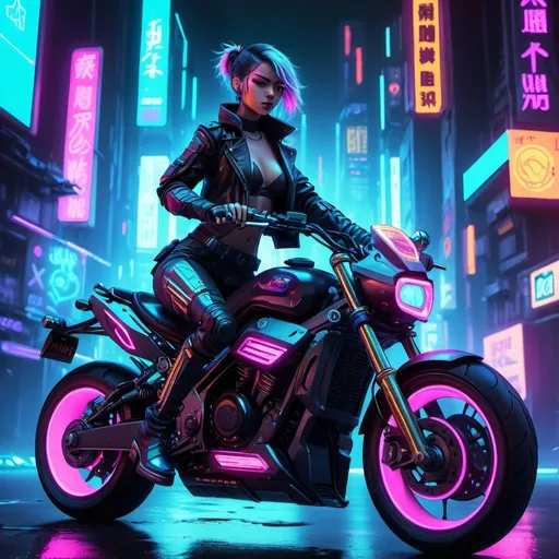 Prompt: Anime cyberpunk style, woman on a motorcycle, highly detailed, HD, dark background