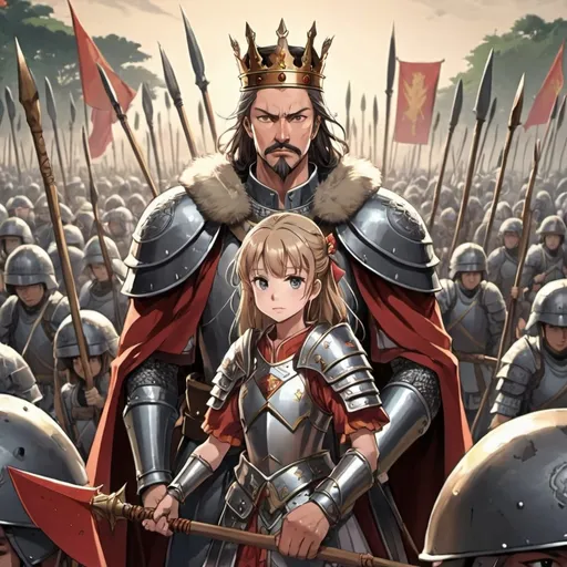 Prompt: A king with his daughter, on the background soldiers with spears and shields, anime style, wallpaper 