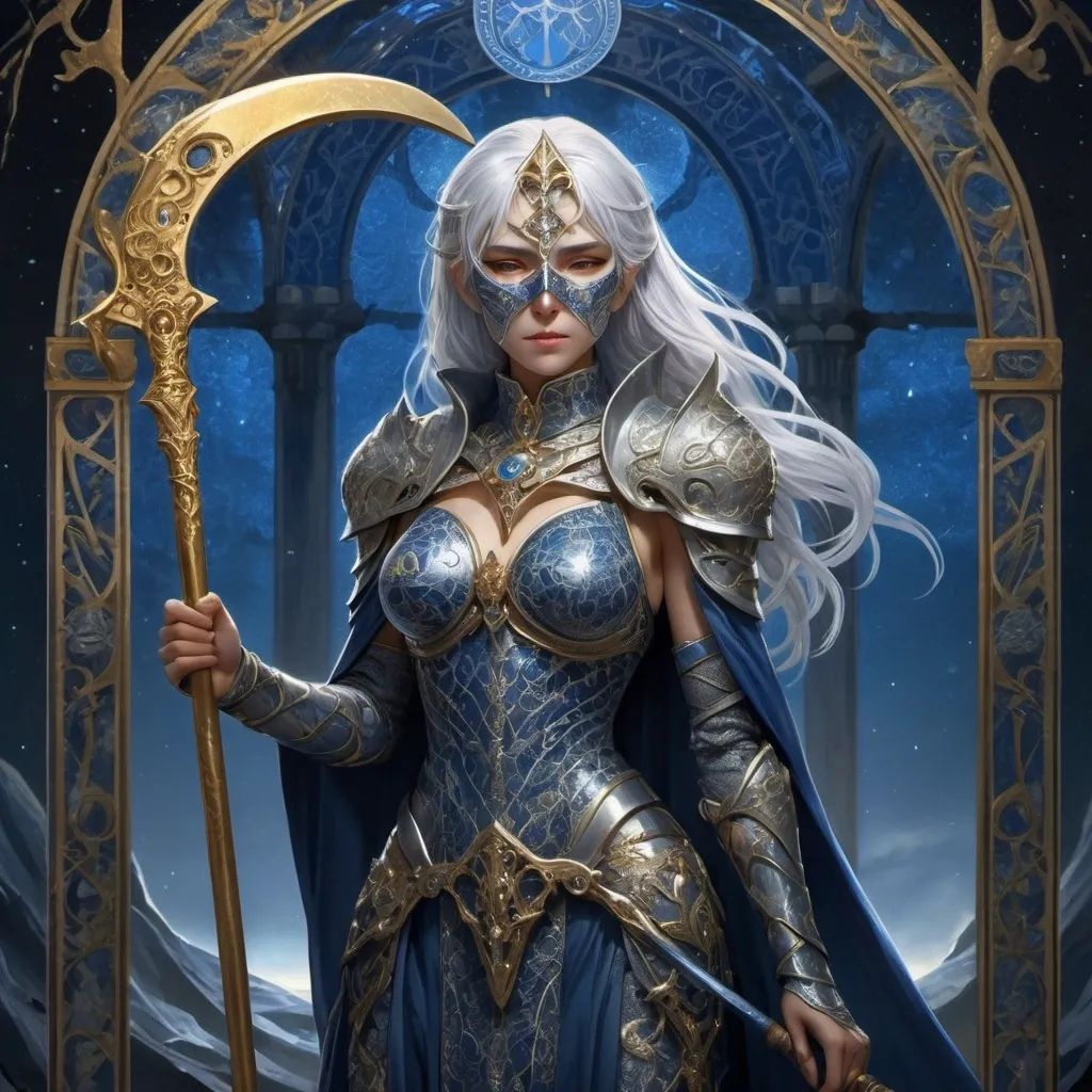 Prompt: tarot card, anime style, silver-haired woman with a mask on with blue signs of death, chainmail armor, a scythe in her right hand, golden darkness around her.