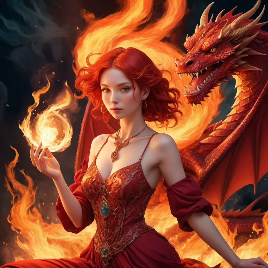 Prompt: tarot card Anime illustration, a red-haired woman, a red dragon, dramatic fire