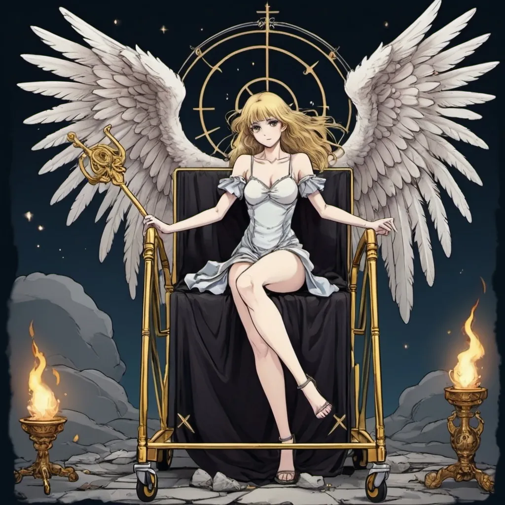 Prompt: Tarot cart, fallen angel, anime style, holy magic, spear 