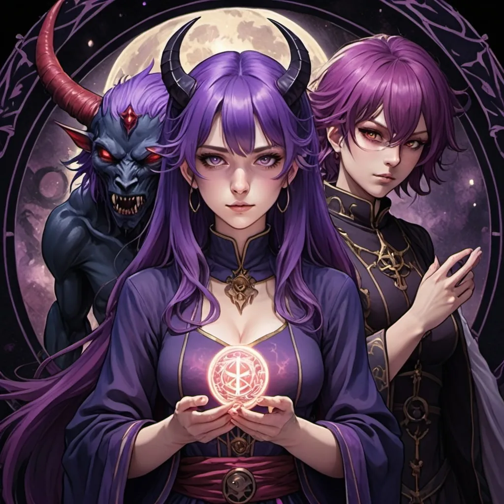 Prompt: tarot card Anime illustration, a purple-haired woman with mage clothing , and a demon next to her, dramatic darkness