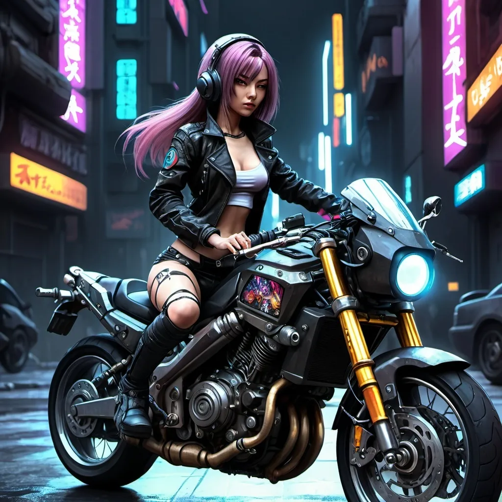 Prompt: Anime cyberpunk style, woman on a motorcycle, highly detailed, HD, dark background