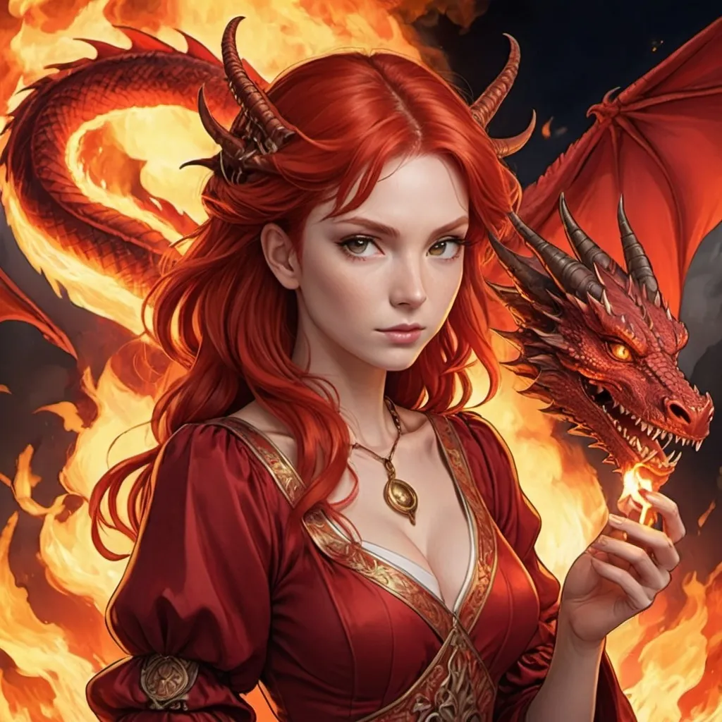 Prompt: tarot card Anime illustration, a red-haired woman, a red dragon, dramatic fire