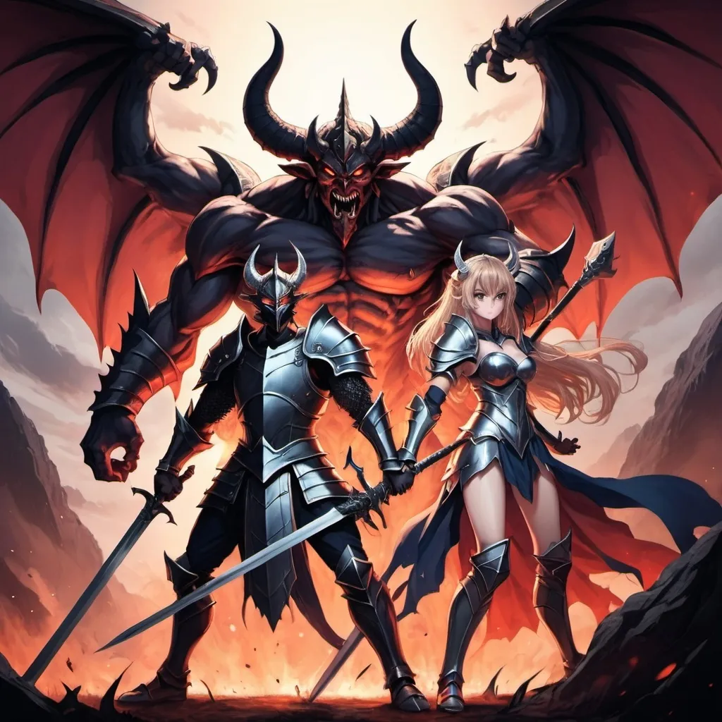 Prompt: Two hero’s, woman and man, with a sword and spear, armor on, fighting the demon lord, style anime