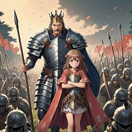 Prompt: A king with his daughter, on the background soldiers with spears and shields, anime style, wallpaper 