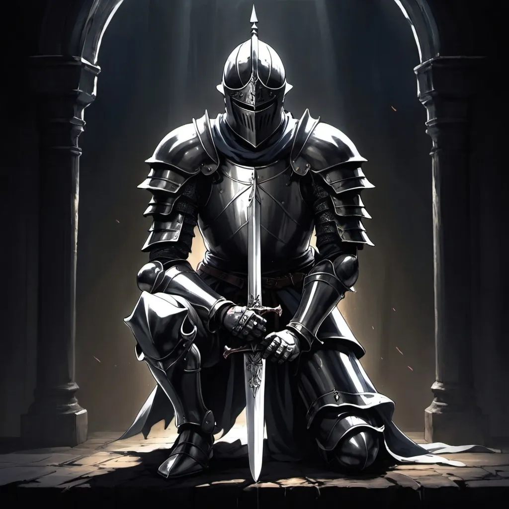 Prompt: anime, kneeling knight, darkness around the knight, holding a sword in his right hand 