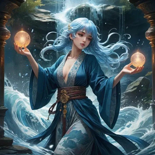 Prompt: tarot card Anime illustration, a blue-haired woman, detailed ornate cloth robe, dramatic water