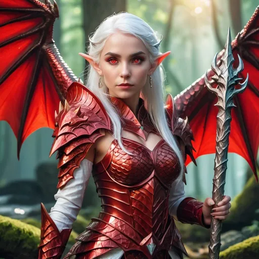 Prompt: white hair elf, 25 years old, woman, red eye, red dragon scale, Dnd