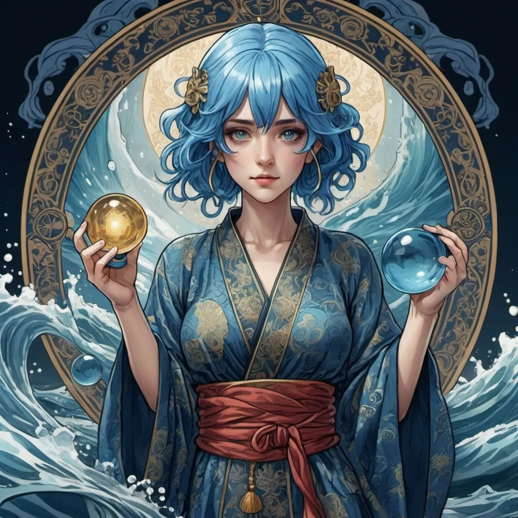 Prompt: tarot card Anime illustration, a blue-haired woman, detailed ornate cloth robe, dramatic water