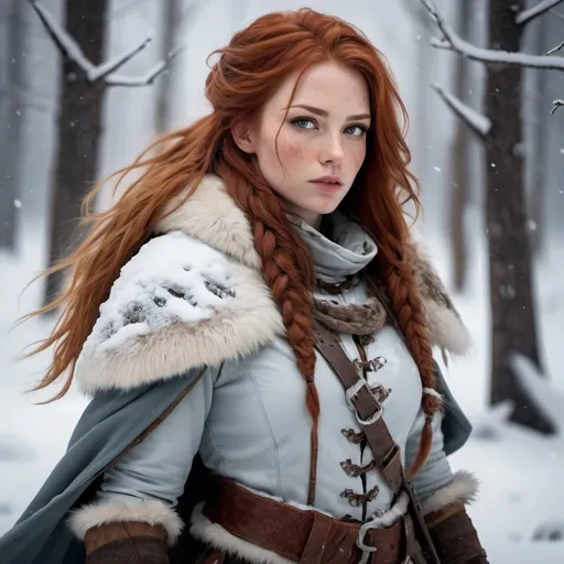 Prompt: An ice world where an attractive human female ranger which is immune to the cold weather. She has beautiful long red hair, (dressed in half fur with some skin showing) tracks (in the snow) a deadly creature with insidious intelligence.