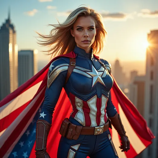 Prompt: photorealistic image of (Miss America as a superhero), striking an empowering pose, vibrant colors, dynamic cape fluttering in the wind, strong expression, body armor infused with the American flag colors, urban skyline in the background, intense sunlight casting dramatic shadows, (superhero theme), confident and heroic ambiance, ultra-detailed, HD quality.