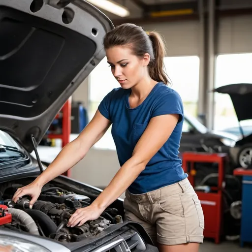 Prompt: Attractive Female mechanic working on a car wearing  shorts and t shirt. 
