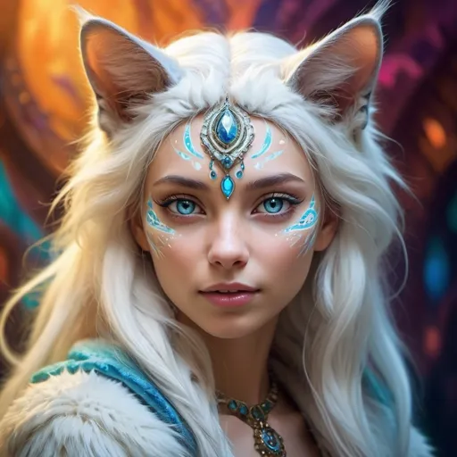 Prompt: (hybrid creature) attractive human female, feline attributes, striking (catlike eyes), covered in fur, mystical and enchanting ambiance, elongated ears, graceful feline movements, complex facial features merging human and cat, vibrant and colorful fur patterns, ultra-detailed, high quality, ethereal lighting, immersive background with fantasy elements, (fantasy art) magical atmosphere.