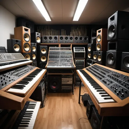 Prompt: A room full packed with vintage analog synthesizers and keyboards stacked up on racks and a big mixing desk, and big sound system speakers room filled with effects racks in a creative studio environment for making electronic music