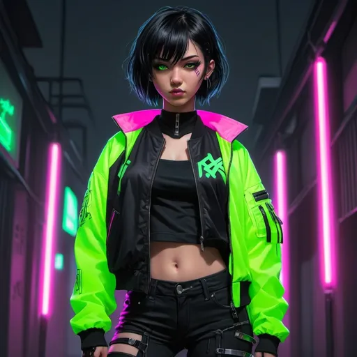 Prompt: Cute anime cyberpunk girl with black short hair, she is wearing a neon bomber jacket over a black top and black trousers, she has katana swords on her back, black neon green fuchsia, cyberpunk style