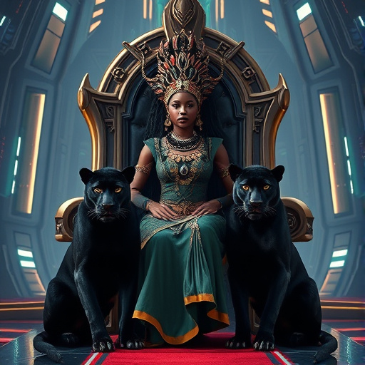 Prompt: African Queen her face is full of pride for her people sitting on her powerful throne in her futuristic kingdom, with two ferocious big black panthers sitting on the side of the throne on the floor