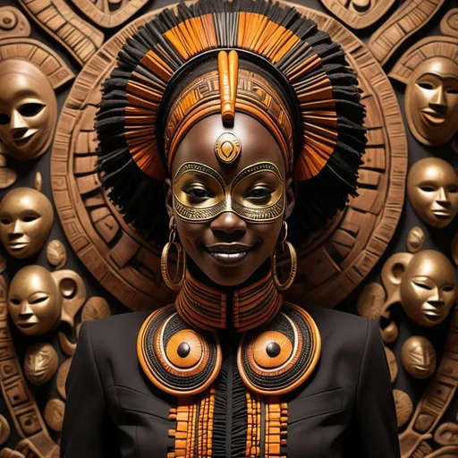 Prompt: (African masks), with smiles intricate designs, vibrant colors, warm earthy tones, (cultural symbolism), detailed textures, rich patterns, background featuring lush jungles or traditional settings, illuminating soft light, showcasing artistic heritage, crafting a profound ambience, (ultra-detailed), high quality, striking visual storytelling. Dress in (fashionable military dress coat), deep black fabric, showing with sharp collar, vintage intricate gold embroidery, tailored fit, outer coat. With a red vest with applique. enticing textures, 4K resolution, ultra-detailed, sophisticated atmosphere, perfect for a formal event or ceremony, striking yet dignified presence.