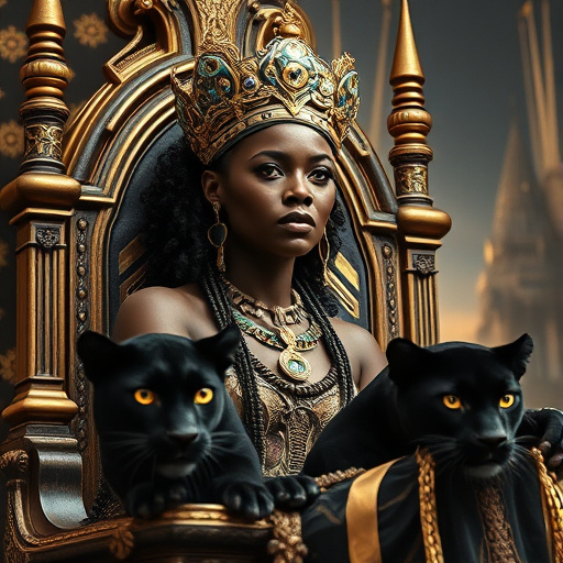 Prompt: African Queen her face is full of pride for her people sitting on her powerful throne in her futuristic kingdom, with two black panthers