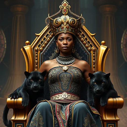 Prompt: African Queen her face is full of pride for her people sitting on her powerful throne in her futuristic kingdom, with two ferocious black panthers on the side of the throne