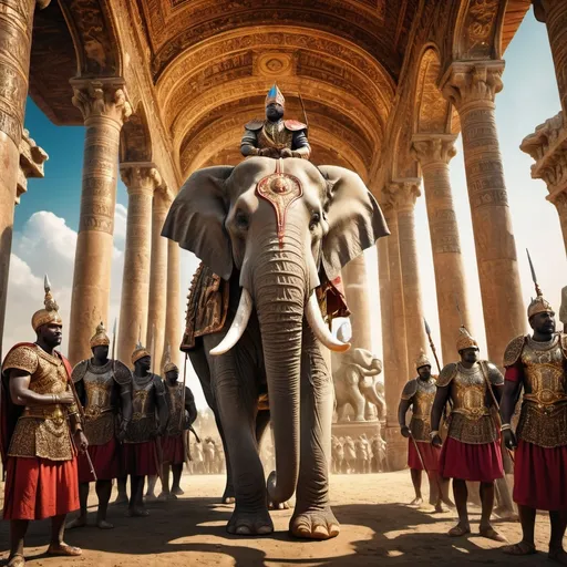 Prompt: (central content: Hannibal Barca riding a powerful elephant on his back legs), (African general dressed in ornate battle armor), with his army. majestic elephant with intricate decorations, (epic pose), (dramatic background with ancient Carthage architecture), vibrant colors, (breathtaking details), grand atmosphere, (HD, ultra-detailed), fierce expression, inspirational historical scene, rich in history and culture.